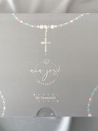 Kit Primera Comunión Lino LUX con CRUZ Madera y Placa  y Medalla Grande Virgen de Guadalupe Ovalada 5cms.