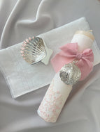 Kit Bautizo Colección PEONY Bordado Tul Español con Medalla Virgen Guadalupe 5cms Redonda