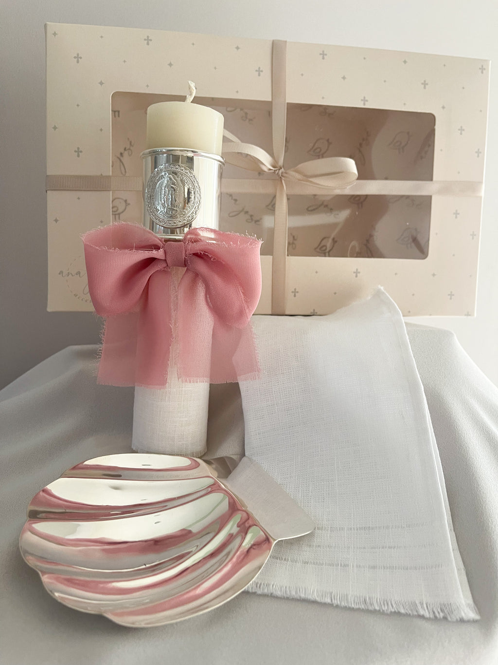 Kit Bautizo con ARO Imagen Virgen de Guadalupe y Moño Gasa