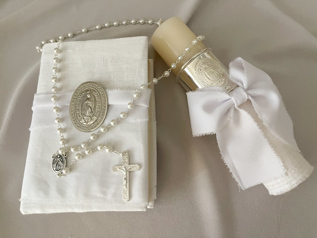 Kit Primera Comunión Colección ARO con Virgen de Guadalupe OVAL con Moño Gasa