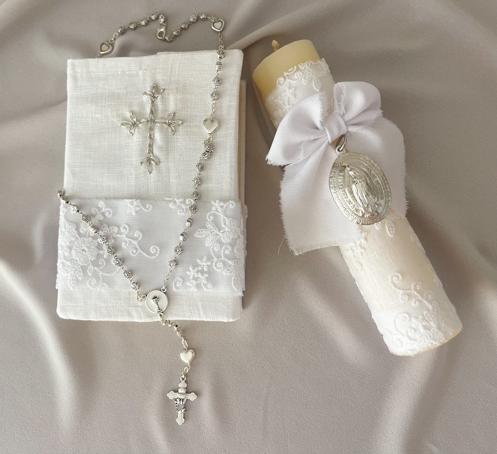 Kit Primera Comunión Bordado Tul Medalla Virgen de Guadalupe OVAL