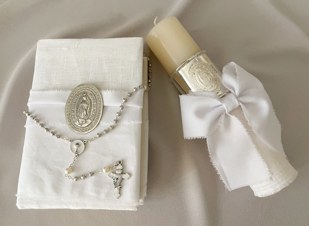 Kit Primera Comunión Colección ARO con Virgen de Guadalupe OVAL con Moño Gasa
