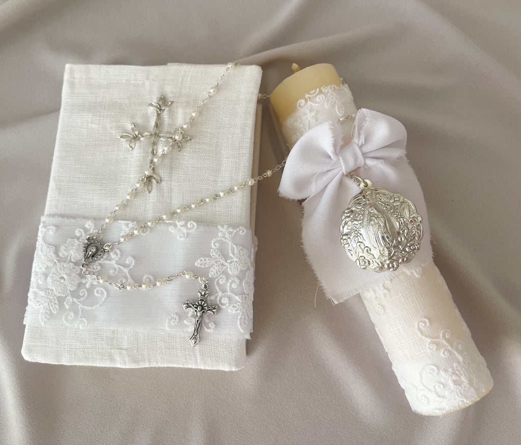 Kit Primera Comunión Bordado Tul Medalla Virgen de Guadalupe REDONDA