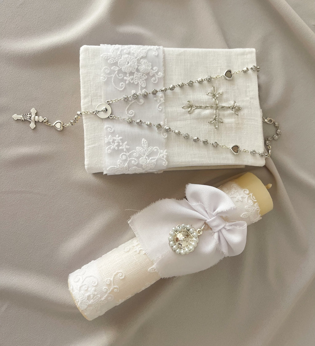 Kit Primera Comunión  Bordado Tul Medalla Virgen de Guadalupe con Perlas