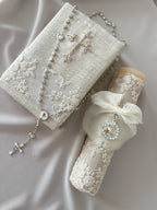 Kit Primera Comunión  Bordado Tul Medalla Virgen de Guadalupe con Perlas