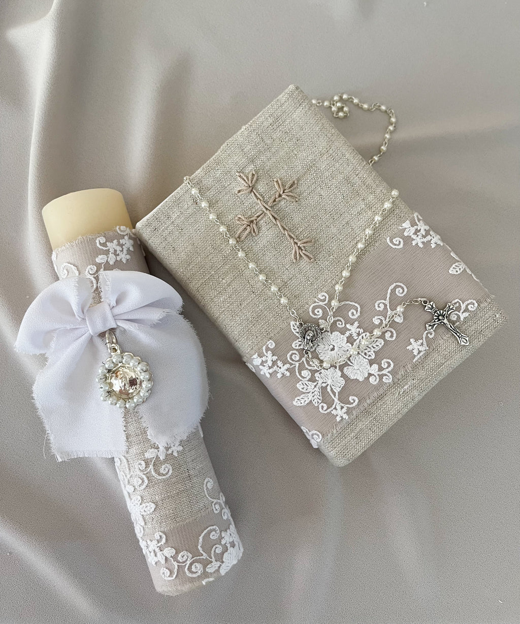 Kit Primera Comunión  Bordado Tul Medalla Virgen de Guadalupe con Perlas