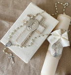Kit Primera Comunión Lino LUX con CRUZ Madera y Placa  y Medalla Grande Virgen de Guadalupe Ovalada 5cms.