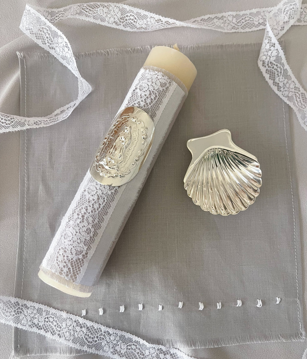 Kit Bautizo Colección Puntilla Española Placa VIRGEN GUADALUPE