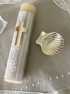 Kit Bautizo Colección Puntilla Española con placa de CRUZ en baño de Plata