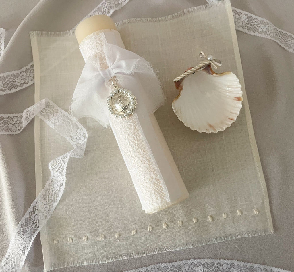 Kit Bautizo Colección Puntilla Española Medalla  Virgen Guadalupe Perlas